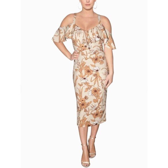 NWT Rachel Roy Nude Floral Printed Midi Dress Bodycon Cold Shoulder Sheath Dress - Picture 1 of 9